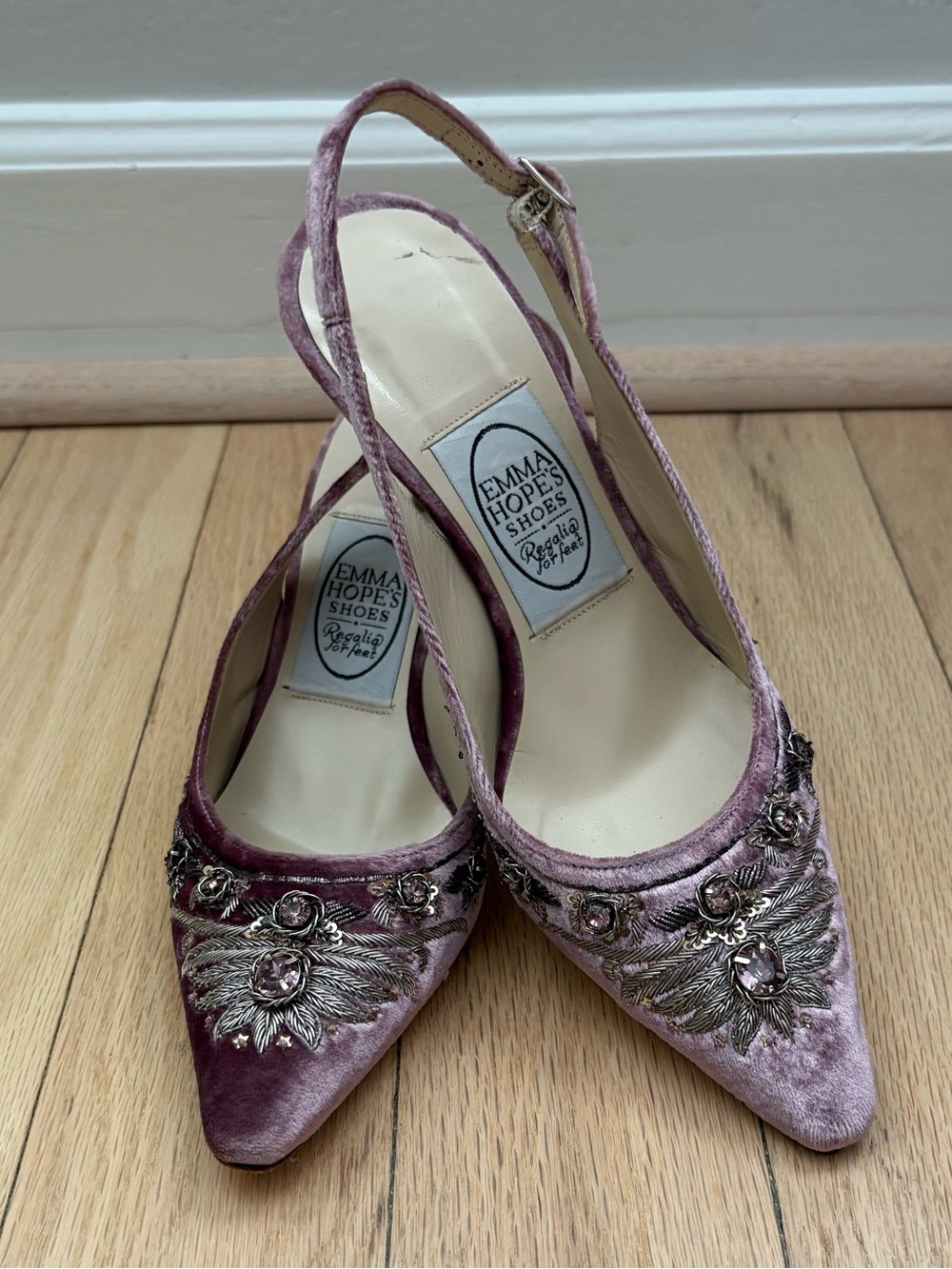 Emma Hope English Rosie High Sling - Dark Rose Silver Embellished Heels, Size 37